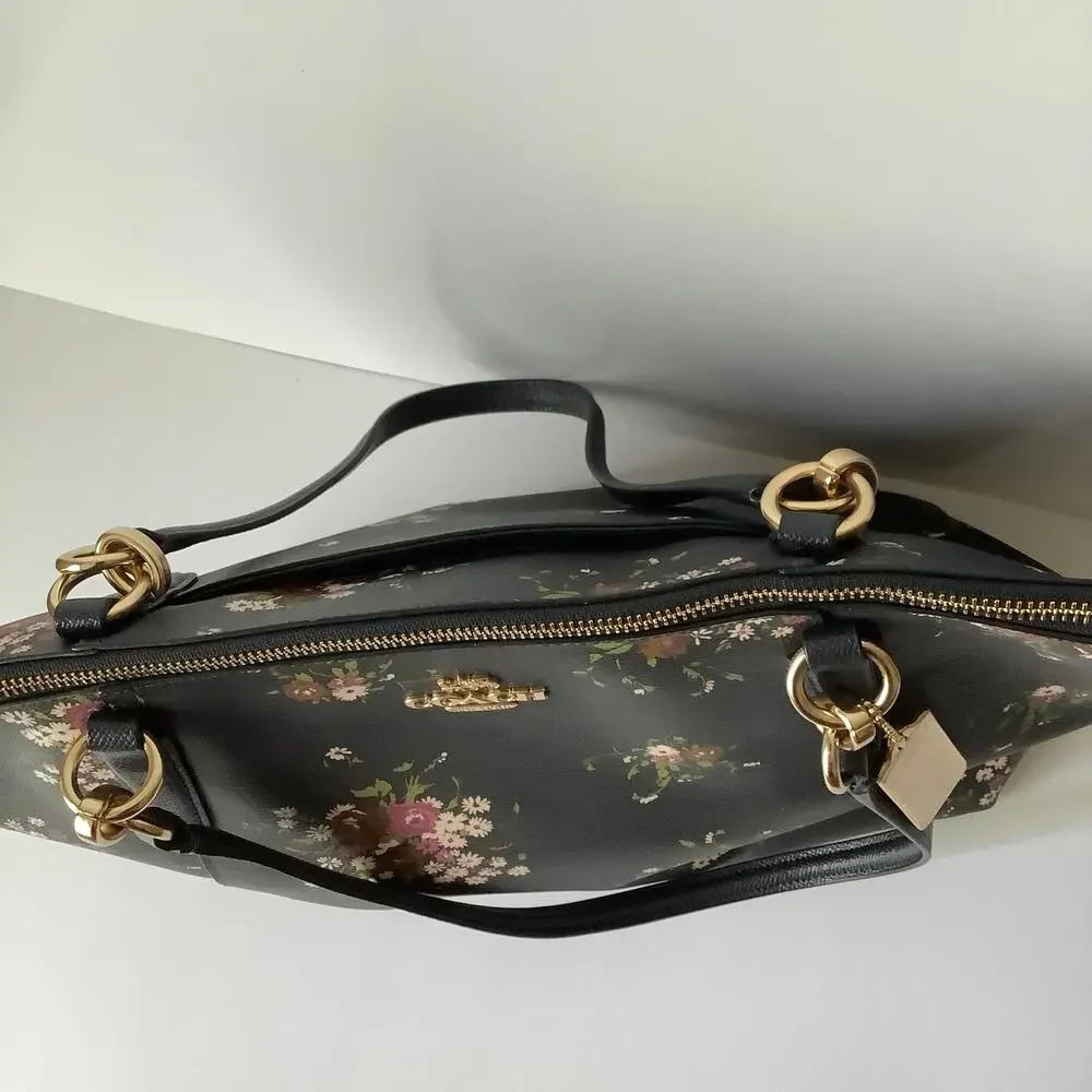 Coach Ava Crossgrain Leather Tote Bag Midnight Blue Delicate Floral Bundle Print